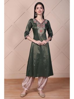 Aurelia - Women's Olive Embroidered A-Line Rayon Kurta