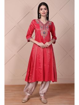 Aurelia - Women's Red Embroidered A-Line Rayon Kurta