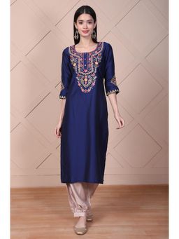 Aurelia - Women's Blue Embroidered Straight Silk Blend Kurta
