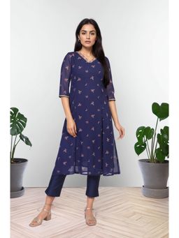 Aurelia - Women's Navy Blue Floral Embroidered A-Line Chiffon Kurta