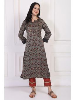 Folksong - Women's Black Geometric Printed Embellished A-Line Satin Kurta