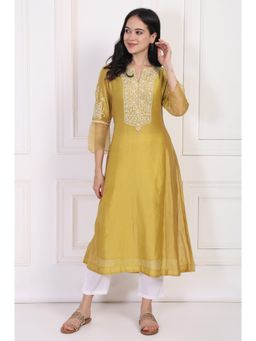 Folksong - Women's Mustard Embroidered A-Line Cotton Kurta