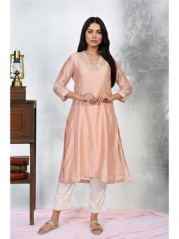 Folksong - Women's Peach Embroidered A-Line Cotton Kurta