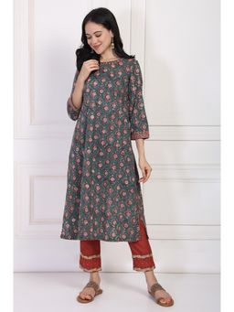 Folksong - Women's Teal Floral Block Printed Embroidered A-Line Cotton Kurta