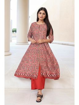 W - Red Geometric Embroidered Anarkali Cotton Kurta