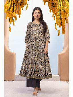 W - Beige Geometric Printed Embroidered Anarkali Cotton Kurta