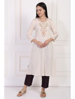 W - Cream Embroidered A-Line Rayon Kurta