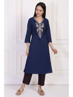 W - Navy Blue Embroidered A-Line Rayon Kurta