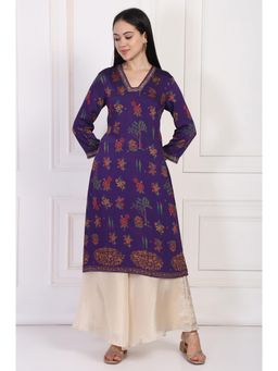 W - Purple Floral Embroidered Straight Rayon Kurta