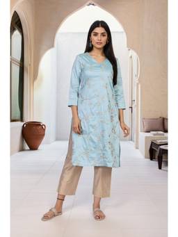 W - Blue Embroidered Straight Rayon Kurta