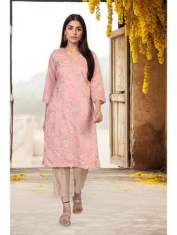 W - Peach Embroidered Straight Rayon Kurta