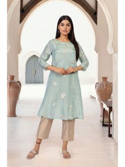 W - Sea Green Embroidered A-Line Tissue Kurta