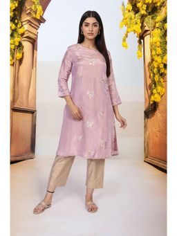 W - Lavender Embroidered A-Line Tissue Kurta