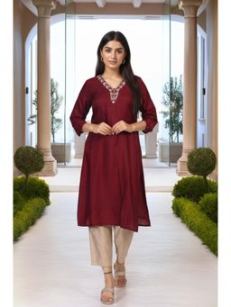 W - Maroon Embroidered A-Line Silk Kurta