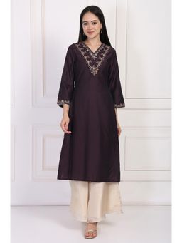W - Wine Embroidered Flared Kurta