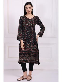 W - Black Floral Printed Straight Kurta