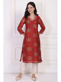 W - Red Floral Printed Sequined Straight Kurta