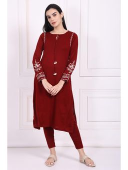 W - Floral Maroon Embroidered Straight Acrylic Kurta