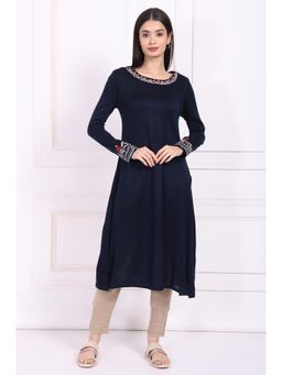 W - Floral Navy Blue Embroidered Straight Acrylic Kurta