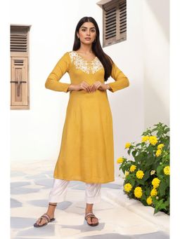 W - Floral Mustard Embroidered A-Line Acrylic Kurta