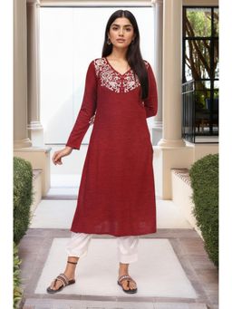W - Floral Maroon Embroidered A-Line Acrylic Kurta
