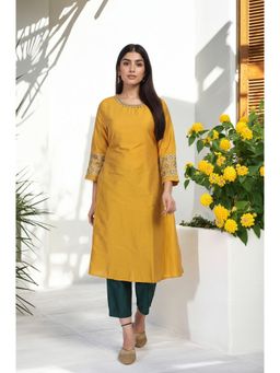 W - Mustard Embroidered A-Line Rayon Kurta