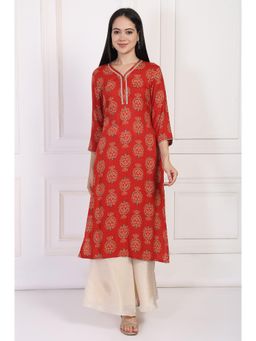 W - Red Floral Ethnic Printed Lace Trim Straight Rayon Kurta