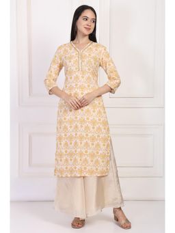 W - Floral Cream Ethnic Damask Printed Lace Trim Straight Rayon Kurta