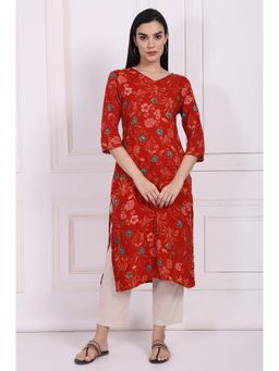 W - Red Floral Straight Rayon Kurta