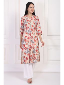 W - Beige Floral Printed Lace Trim Straight Cotton Kurta