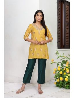 W - Mustard Embroidered Straight Rayon Kurti