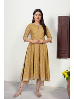W - Mustard Floral Printed Anarkali Rayon Anarkali Kurta