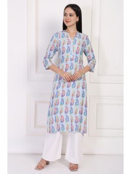 W - Blue Paisley Printed Straight Rayon Kurta