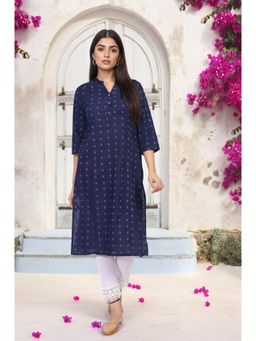 W - Navy Blue Geometric Printed Straight Rayon Kurta