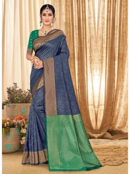 Sangam Prints - Navy Blue Patola Silk Woven Zari Work Traditional Saree with Unstitched Blouse
