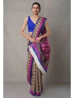 Unnati Silks - Blue Pure Block Printed Cotton Saree with Unstitched Blouse