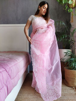 Odette - Pink Organza Floral Embroidery Saree With Unstitched Blouse