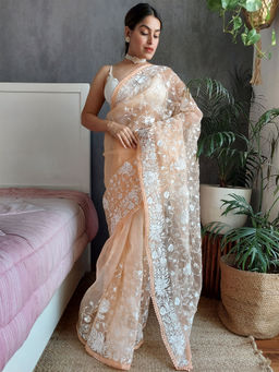 Odette - Peach Organza Embroidery Saree With Unstitched Blouse