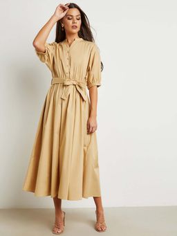 Styli - Beige Notch Neck A-line Maxi Dress With Self Tie Belt (Set of 2)