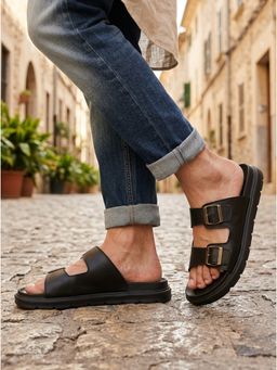 Carlton London - Men's Lightweight EVA Double Strap Buckle Slide Black Sandals