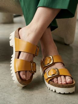 Carlton London - Women's Double Strap Slide Mustard Sandals