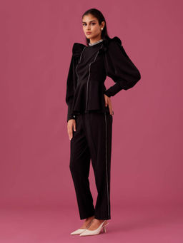 MEDHA BATRA - Black Ruffle Embroidered Top With Straight Fit Embellished Pant (Set of 2)