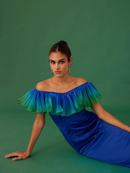 MEDHA BATRA - Blue Body Con Ombre Off Shoulder Ruffled Sleeves Maxi Dress