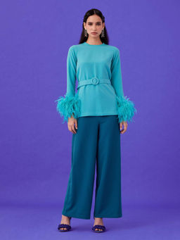 MEDHA BATRA - Green Solid Top With Embellished Sleeves & Pant & Belt (Set of 3)