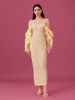 MEDHA BATRA - Yellow Embellished Gown With Cape (Set of 2)