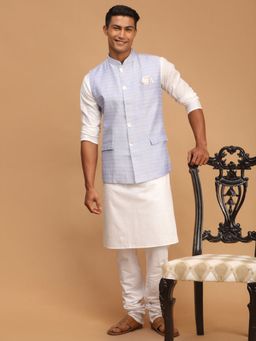 Vastramay - Mens White Cotton Blend Jacket - Kurta and Pyjama (Set of 3)
