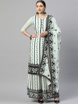 Readiprint - Straight Style Crepe Silk Fabric Cream Color Kurti with Bottom and Dupatta