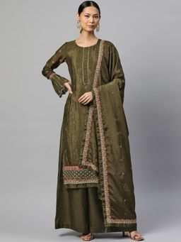 Readiprint - Straight Style Crepe Silk Fabric Olive Green Color Kurti with Bottom and Dupatta