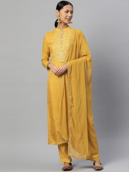 Readiprint - Straight Style Cotton Silk Fabric Mustard Color Kurti with Bottom and Dupatta