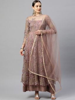 Readiprint - Anarkali Style Net Fabric Mauve Color Kurti with Bottom and Dupatta